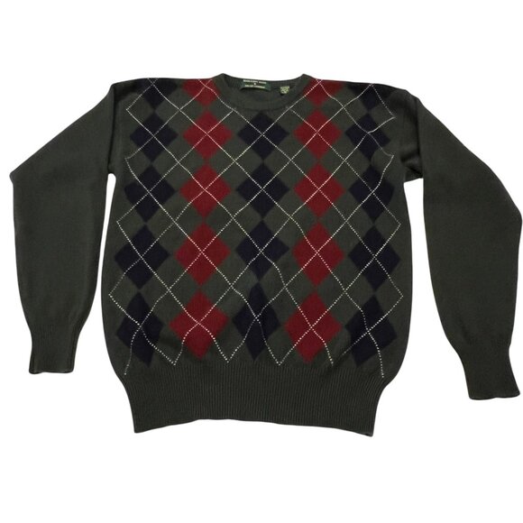Embassy Row Argyle Cashmere Wool Crew Sweater, Green Navy Maroon, M - Picture 1 of 6
